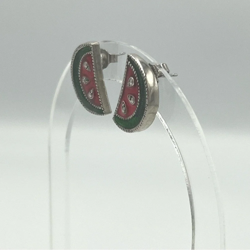 Avon Watermelon Slice Enamel Stud Earrings Silver Tone Vintage Summer Jewelry